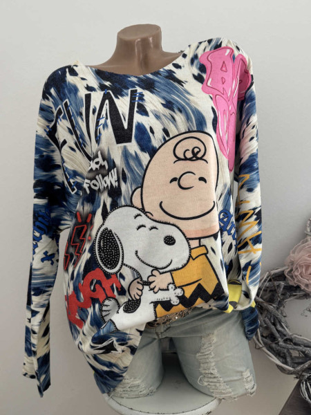 Feinstrick Tunika Longsleeve Graffiti Comic bunt 40-44 Lurexsaum Made in Italy Glitzer Nieten