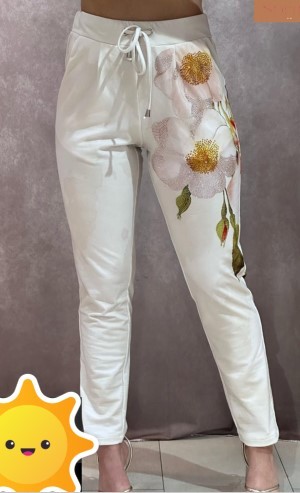 Hose Joggpants MISSY S 36 weiss Blüten Print gemustert Glitzernieten Neu