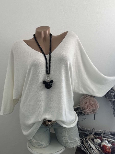 weiss Tunika Glattstrick Pullover Oversized Italy 38-42 Fledermausarm 1/2 Arm