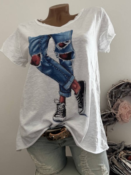 T-Shirt Shirt 36 38 40 42 Jeans Risse Italy Nieten NEU weiss