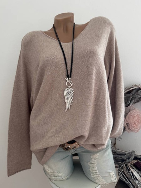 V-Neck Flausch Pullover Pulli schlamm 40-44 Neu Tunika Made in Italy