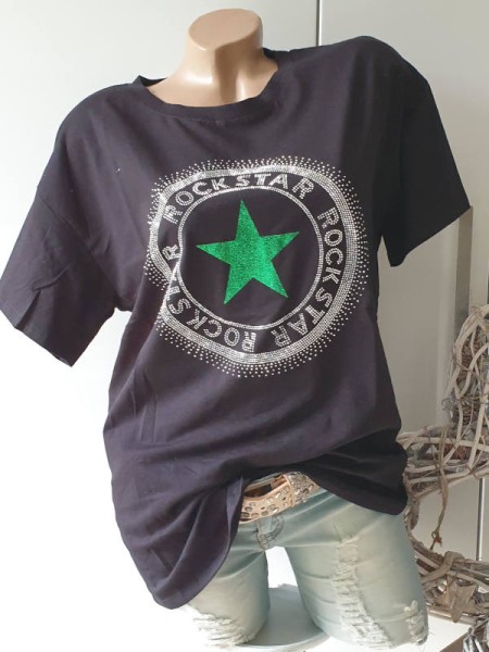 Onesize T-Shirt Tunika Metallic Stern Baumwolle schwarz viele Glitzernieten ITALY 38-42/44