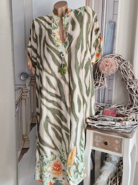 Kleid V-Neck 42-46 Kurzarm oliv grün beige unten Blumen NEU Made in Italy