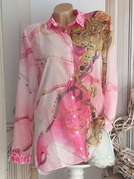 MISSY Bluse XL 42 Hemdbluse Tunika Langarm NEU rosa pink bunt Kettchen Paisley Print Nieten