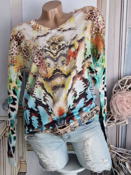 S/M 36 38 V-Ausschnitt MISSY bunter Feinstrickpullover Pullover Pull Neu Glitzernieten
