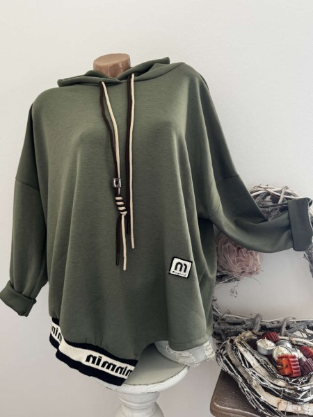 Kapuzen Tunika asymetrisch NEU oliv Made in Italy 40-44 Sweatshirt Longsleeve
