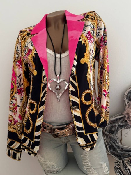 Blazer MISSY M 38 Neu Strass Nieten Kurzblazer Ornamenteprint schwarz pink goldton Glitzer