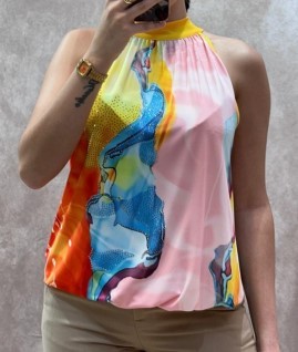 MISSY Top Tunika S 36 Ballonform Saumende Gummizug blau gelb orange orange bunt Glitzer hinten zum b