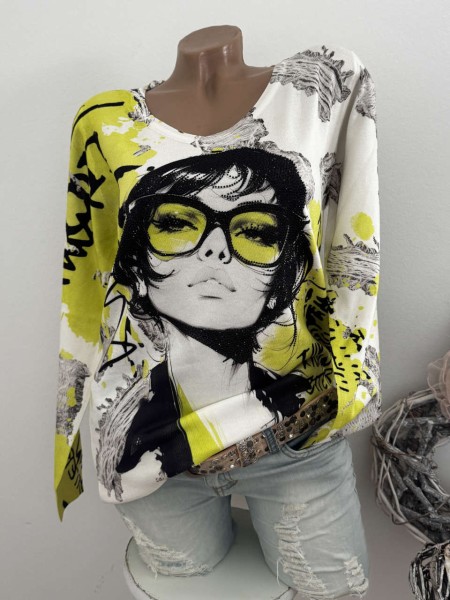 MISSY Pulli S/M 36 38 Pullover Neu Glitzernieten Frau mit Brille weiss gelb schwarz