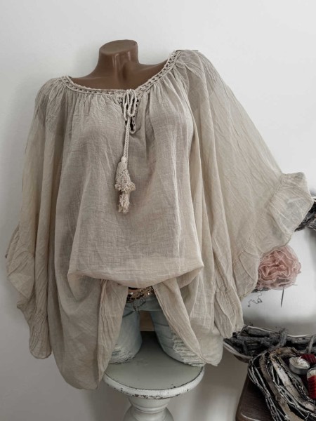 Tunika Bluse beige weite Ärmel Bindebändchen 38-48 Made in Italy Neu