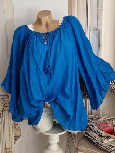 Tunika Bluse royal blau weite Ärmel Bindebändchen 38-48 Made in Italy Neu