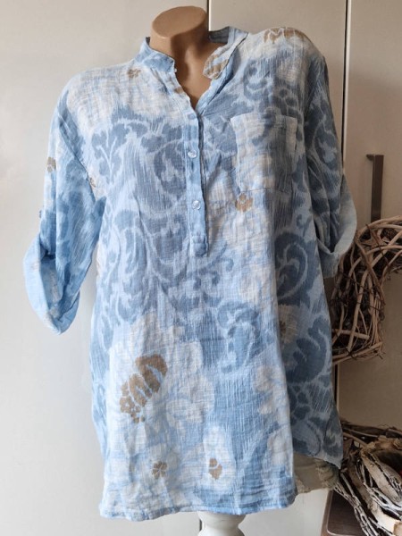 Bluse gemustert Tunika 40-44 hellblau gemustert Made in Italy Fischerhemd Musselinoptik