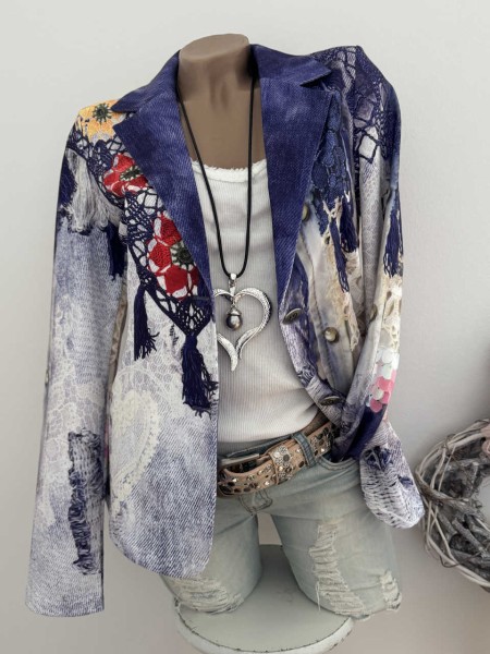MISSY Blazer Jackett S 36 Glitzernieten Crochet Spitze Destroyed Print Neu