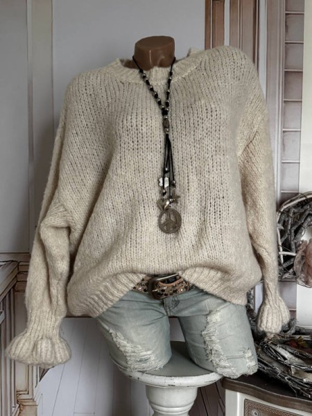 Flausch Pulli Pullover beige Ärmelsaum gerüscht 38-44 Neu Made in Italy
