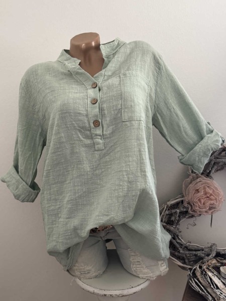 Tunika Hemdbluse Bluse salbeigrün Made in Italy 40-44 Musselin Leinenoptik