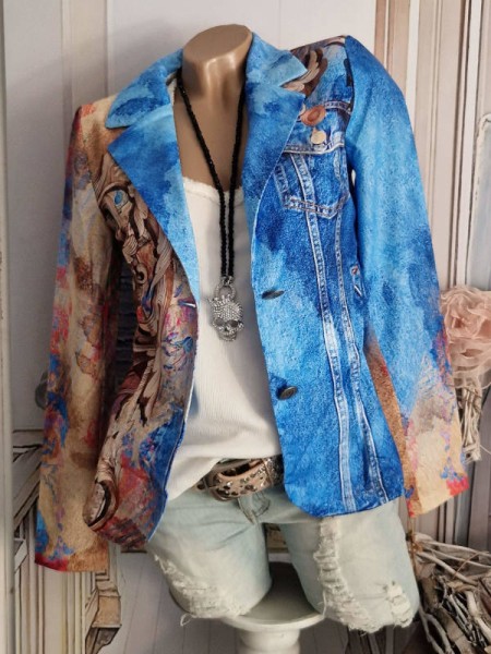 M 38 Blazer MISSY Jackett Kurzblazer Jeans/Paisley Skull Mix Letterprint Glitzernieten Neu