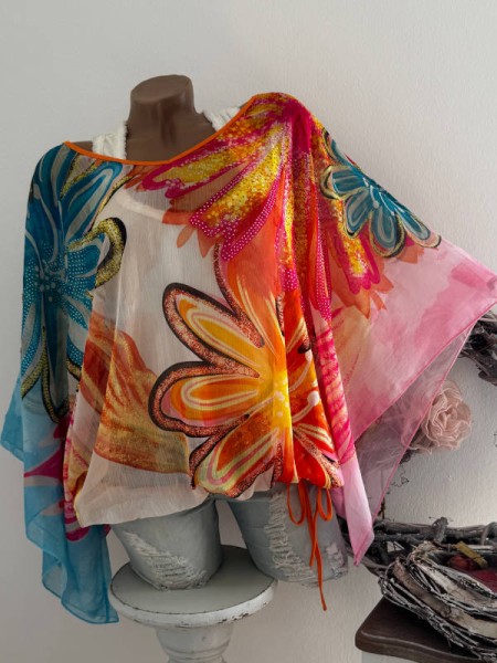 MISSY Chiffon Onesize 38-46 Tunika bunt Sommerlook sehr weite Ärmel Bund seitlich Saumende Tunnelzug