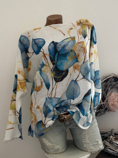 Feinstrick 38-42 Tunika Pullover weiss/blau Blumen NEU Made in Italy