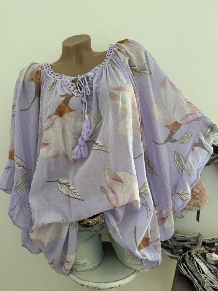 Tunika Bluse 38 40 42 44 46 48 weite Ärmel lila floral Italy NEU