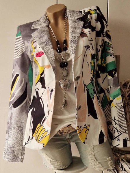 Blazer S 36 Kurzblazer MISSY 2 Knopf Jackett weiss Cartoon Gesicht Frau Glitzer Steinchen