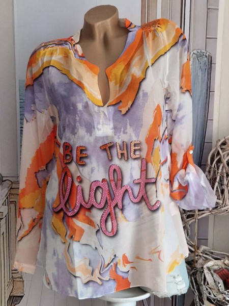 MISSY M 38 Tunika Bluse Turn up Ärmel lila orange vorne Glitzer Chiffon hinten Spitze Glitzer