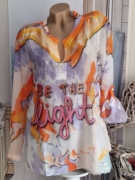 XL 42 MISSY Tunika Bluse Turn up Ärmel lila orange vorne Glitzer Chiffon hinten Spitze Glitzer