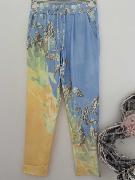 Joggpants M 38 Hose MISSY florales Muster hellblau/gelb Glitzer Nieten Neu