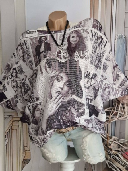 Tunika 38-42 Fledermausarm schwarz weiss Fashion Print Feinstrick Pulli NEU Made in Italy