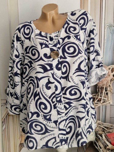 Bluse Tunika Baumwolle grosser Knopf weiss/blau 40-44 1/2 Arm Made in Italy NEU