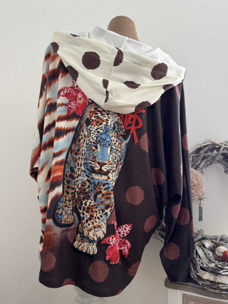 MISSY Tunika 38-46 Tunnelzug Kapuze Hoodie Animal Leopard Floral Polka Dots Print Neu Glitzer