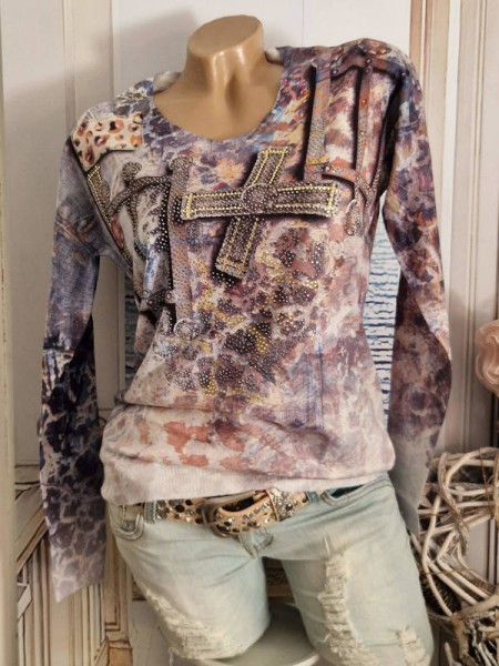 Pullover MISSY Pulli NEU M/L 38 40 V-Neck Feinstrick Jeans Optik grau gemustert etwas Leo gemustert