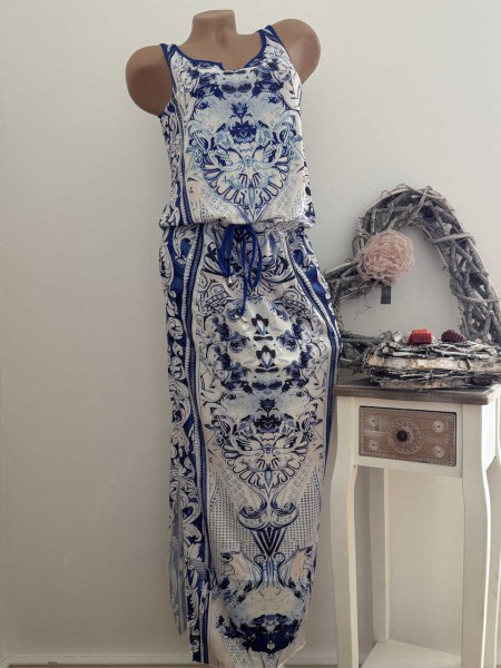 MISSY L 40 Maxikleid Kleid Tunnelzug Majolika/Ornamente Print weiss blau tiefe Taille Neu Glitzerste