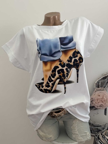 T-Shirt Shirt weiss Fashion Leo Pumps Print 36-40 Made in Italy