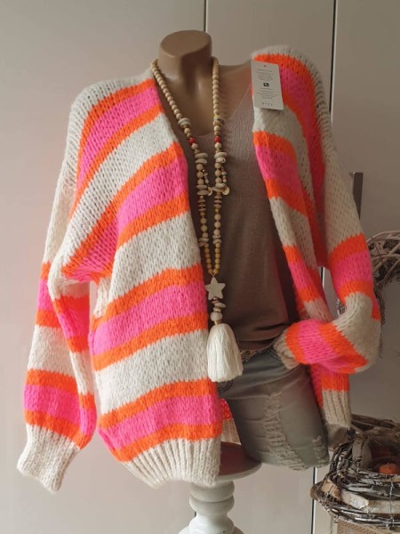 Cardigan Strickjacke neon pink orange off white Neu Oversize Made in Italy 38-42 Ärmel überschnitteN