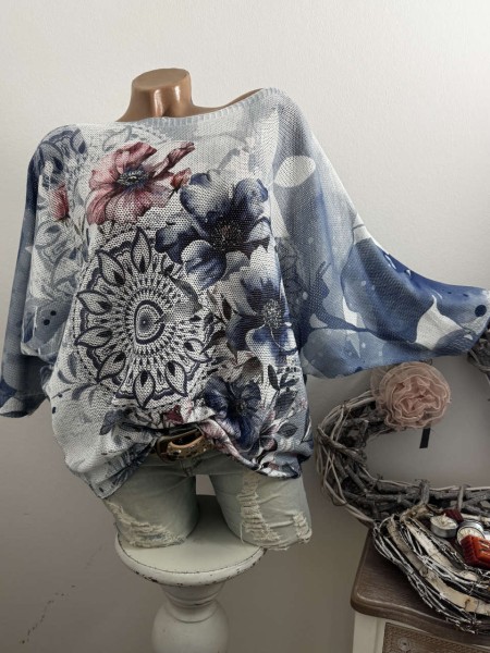 Tunika 36-42 Fledermausarm Feinstrick Floral Blumen blau rosa Tunika Pulli bunt NEU Made in Italy 1/