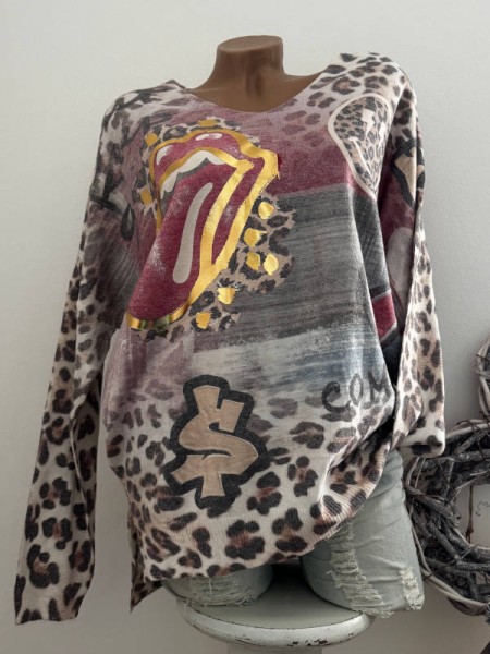 V-Neck Pullover Pulli Seitenschlitze Smile rausgestreckte Zunge Graffiti Print bunt 40-44 Made in It