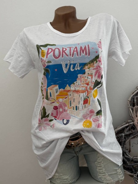 T-Shirt Shirt weiss Urlaub/portami via 36 38 40 42 Italy Nieten NEU