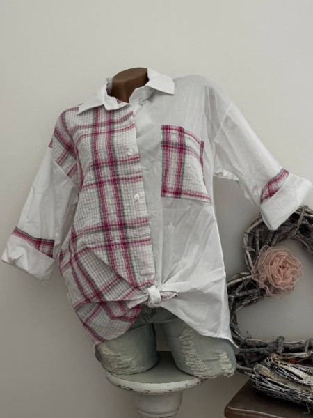 Bluse Hemdbluse Tunika weiss/pink Made in Italy 38-44 NEU