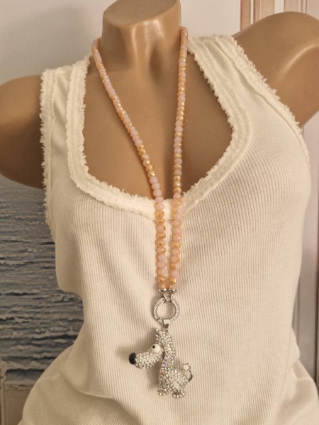 VARIO Halskette lang rosa/rosé Kristallperlen Kette mit Strass Glitzer "DACKEL" Anhänger Neu
