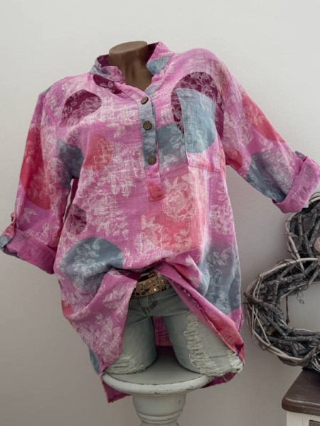 Long Hemdbluse Bluse Fischerhemd Musselin Leinen Optik 38-44 Tunika pink gemustert