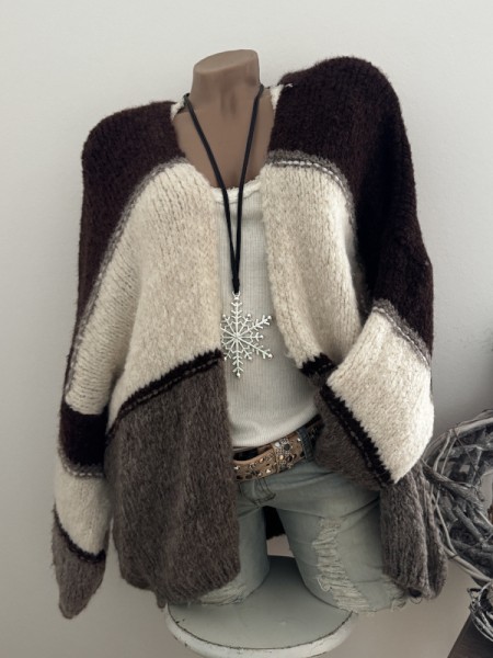 Cardigan Strickjacke Oversized Made in Italy 40-44 Ärmel überschnitten braun weiss schlamm