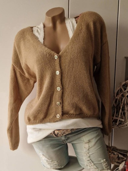 dunkelbeige Strickjacke 38-44 Cardigan Knopfleiste Ärmel überschnitten Made in Italy