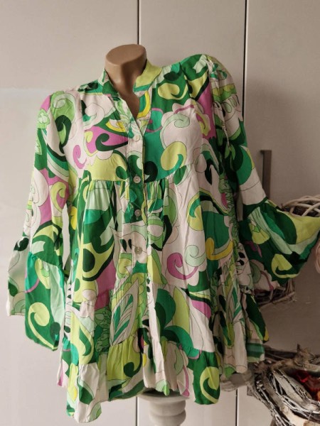 Tunika Bluse 38-42 Knopfleiste Made in Italy grün bunt Ärmel ausgestellt NEU