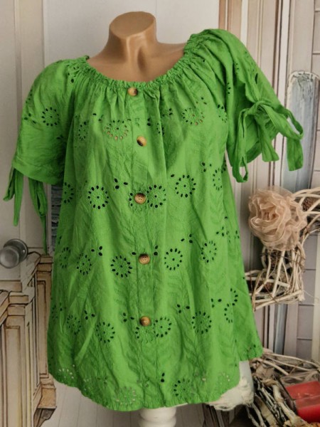 Carmen Bluse Ärmel zum binden Tunika Off Shoulder Lochspitze 36-40 grün Made in Italy