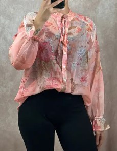 Bluse Missy S 36 Langarm Hemdbluse Tunika rosa floral Kolibri Bindebändchen Neu Glitzer Nieten