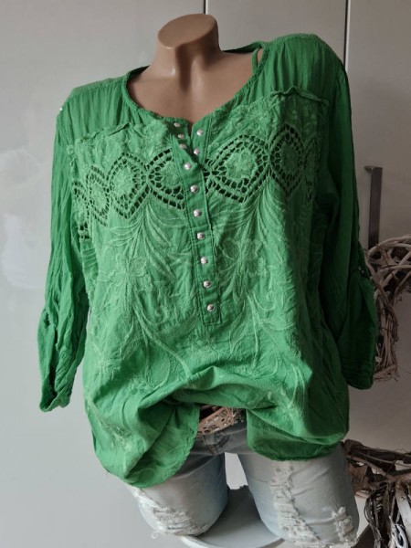 Tunika Bluse Hemdbluse grün Nietenleiste 2tlg Stickerei Baumwolle 38-42 Made in Italy