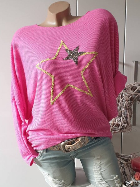 pink Italy Feinstrick Longsleeve Shirt Rippoptik NEU Tunika 38 40 42 Glitzersterne