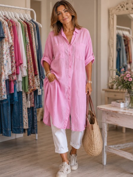 Long Hemdbluse pink Bluse Hemdblusenkleid Made in Italy 40-44 Baumwolle