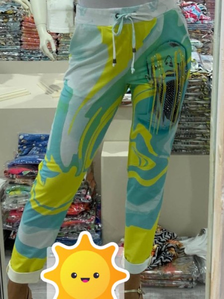 Joggpants Hose MISSY S 36 stretchig neon gelb türkis mint Faceprint Glitzer Neu