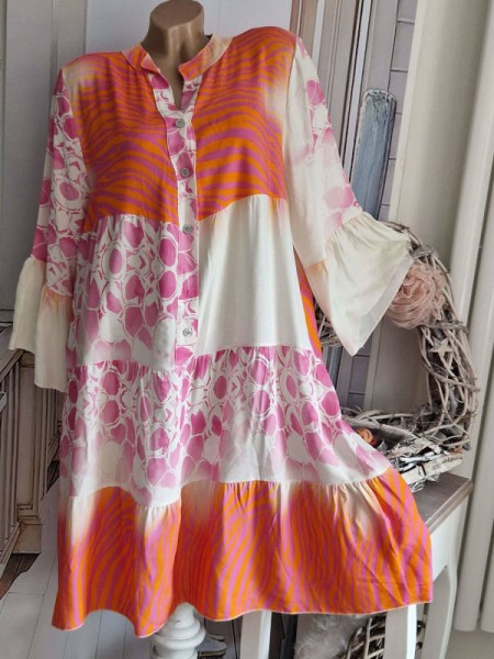 Long Tunika Kleid 40-44 Knopfleiste Made in Italy pink orange weiss 3/4 Ärmel NEU